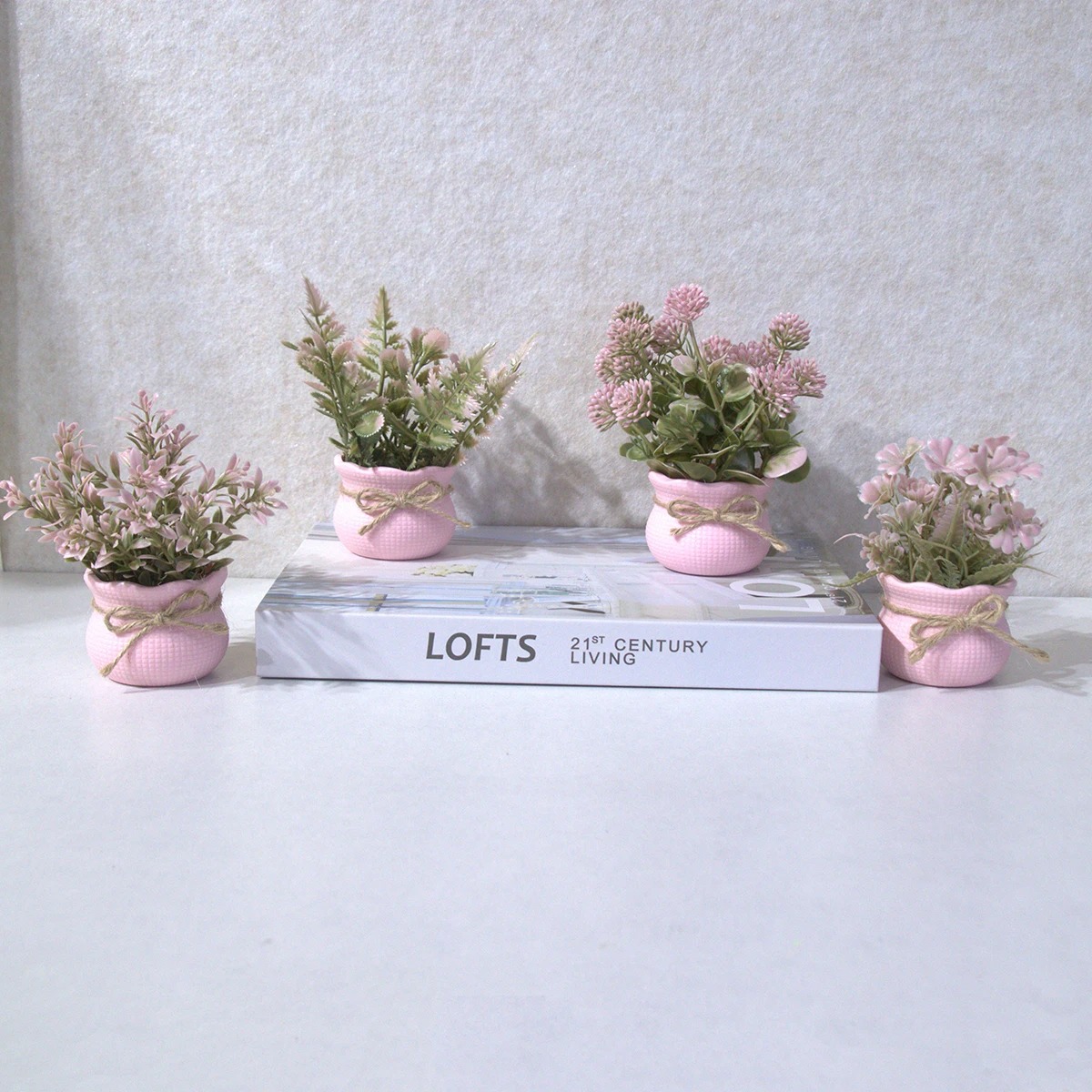 Plant Desk Mini - Mini sztuczne różowe rośliny doniczkowe, wystrój