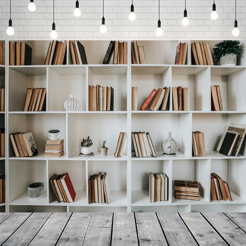 Home Office Zoom Background - Białe tło fotograficzne z półkami na